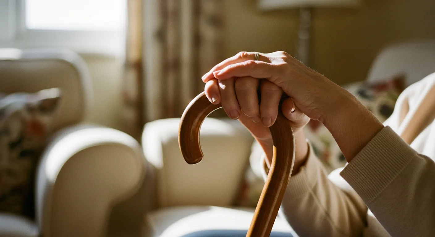 An older person’s hands resting on a walking stick handle