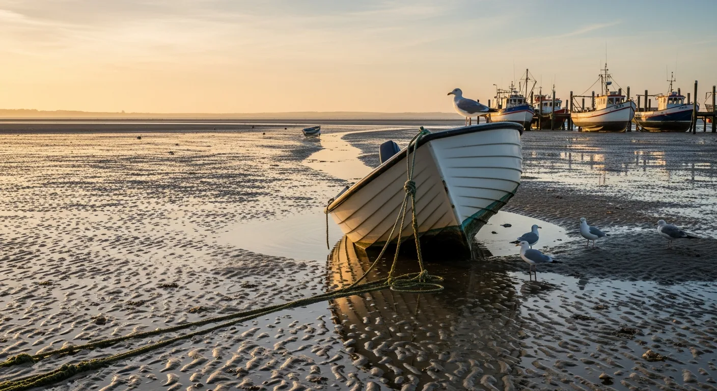 A small motorboat stranded on wet sand at low tide in a harbour