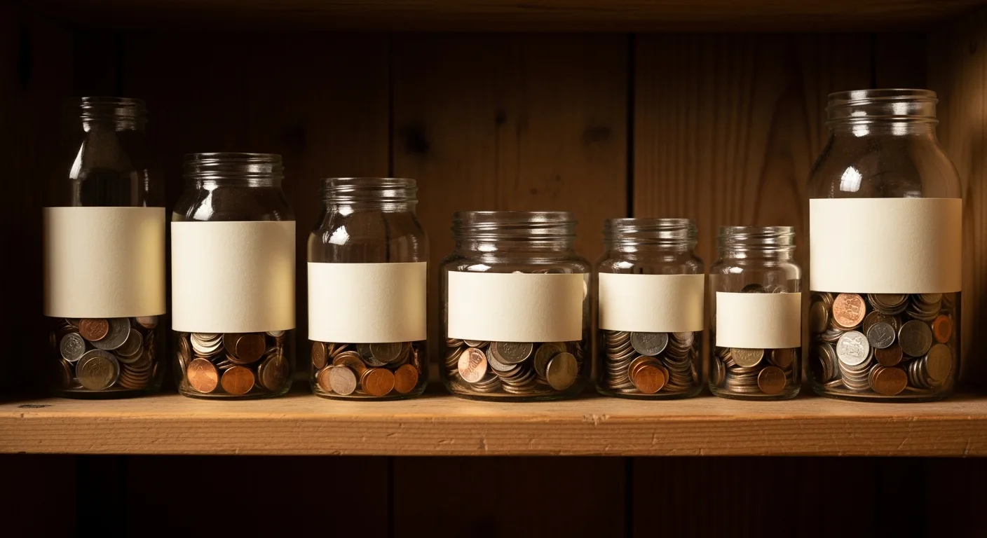 Glass jars of coins lined up on a wooden pantry shelf