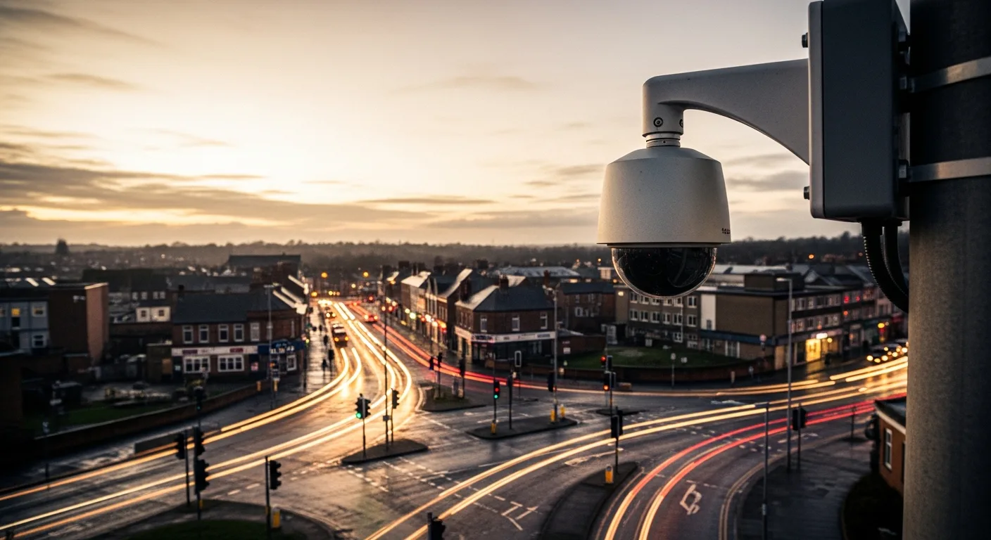 A street surveillance camera overlooking a town junction at dusk