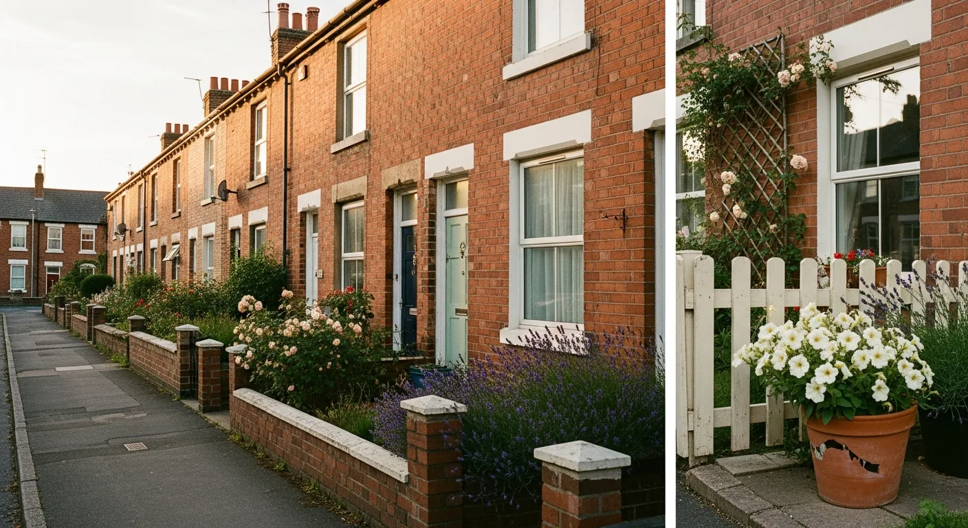 A quiet street of red-brick terraced houses in England