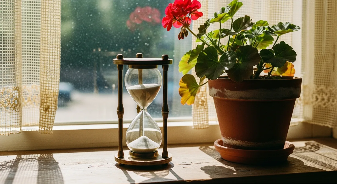 A brass hourglass on a windowsill in soft morning light