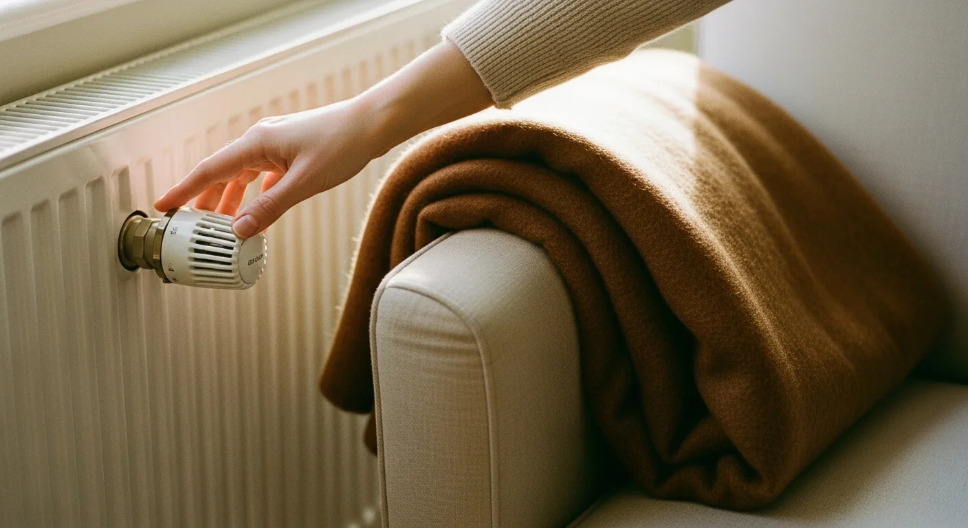 A hand adjusting a radiator valve in a cosy sitting room