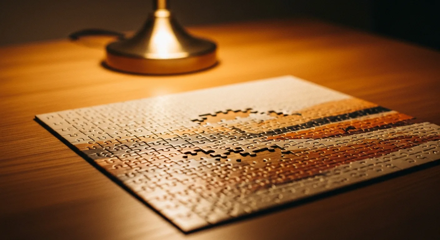 A nearly finished jigsaw puzzle with a few pieces missing