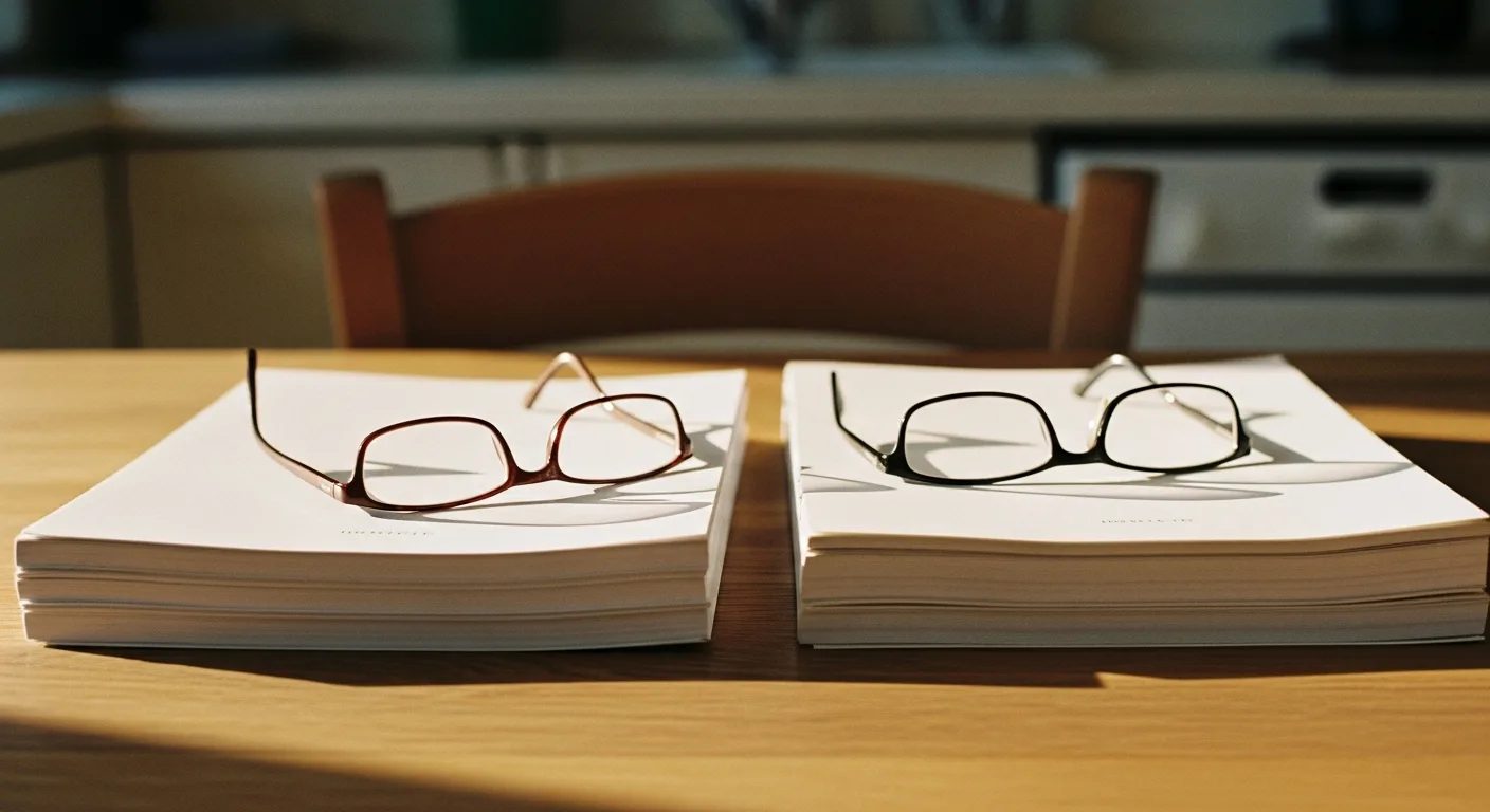 Two neat stacks of documents side by side on a kitchen table