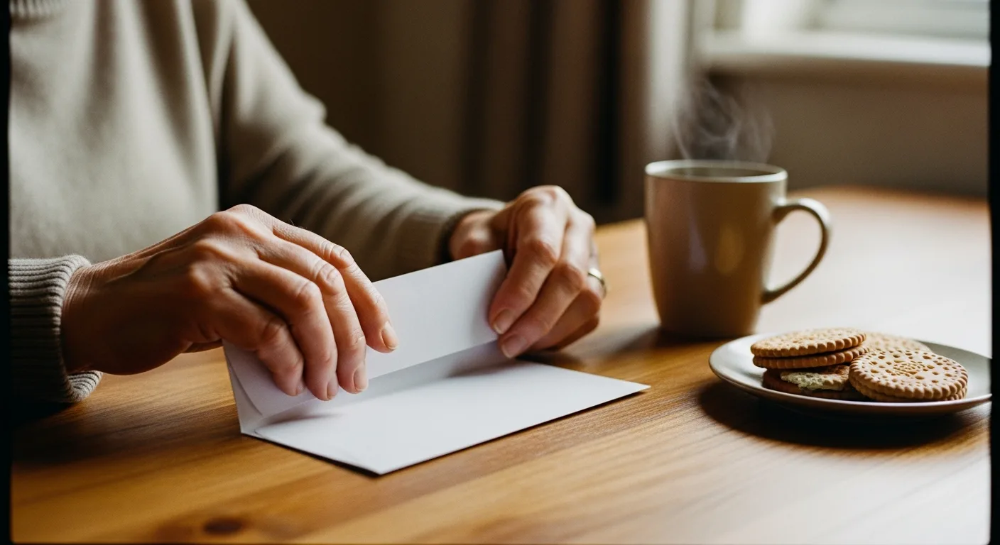 Hands opening an envelope at a kitchen table with a mug of tea