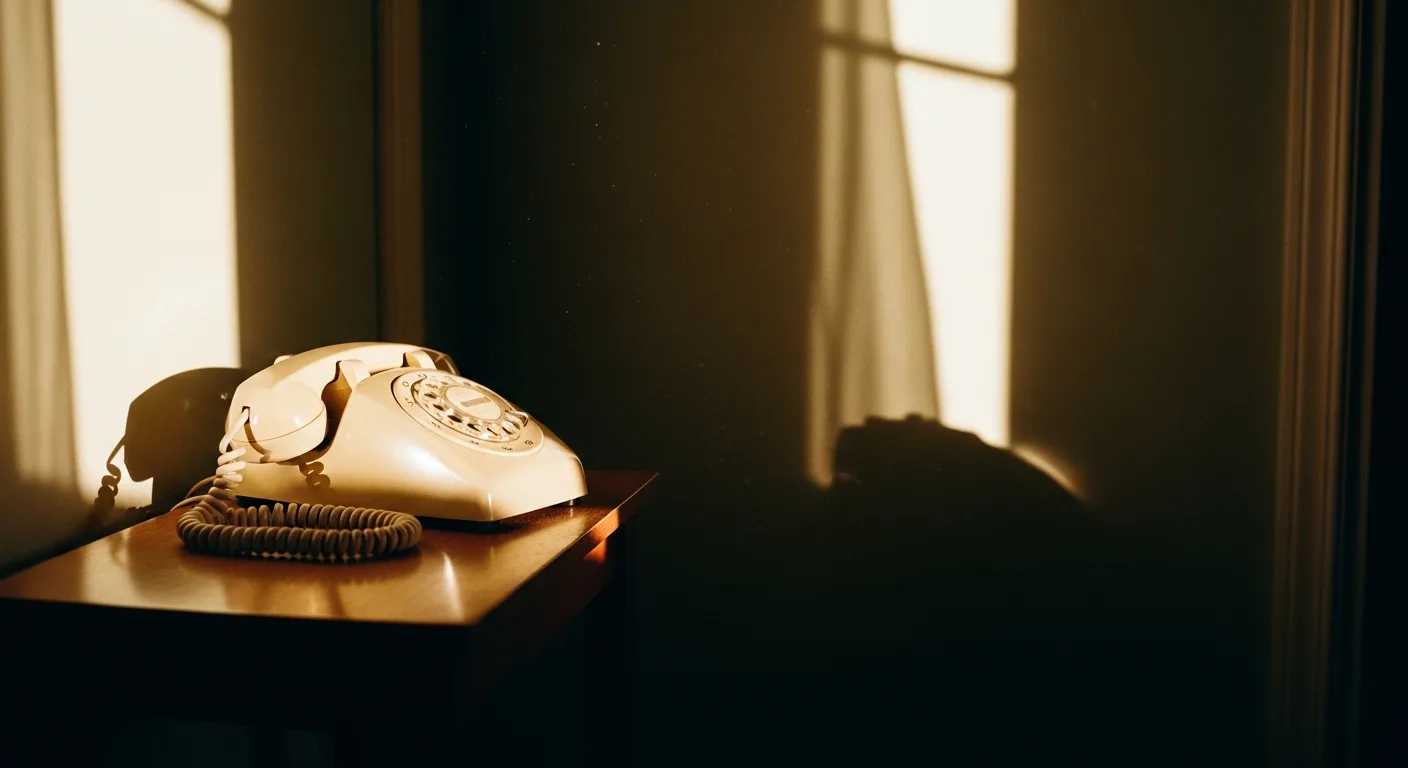 An old telephone on a hallway table casting a long shadow