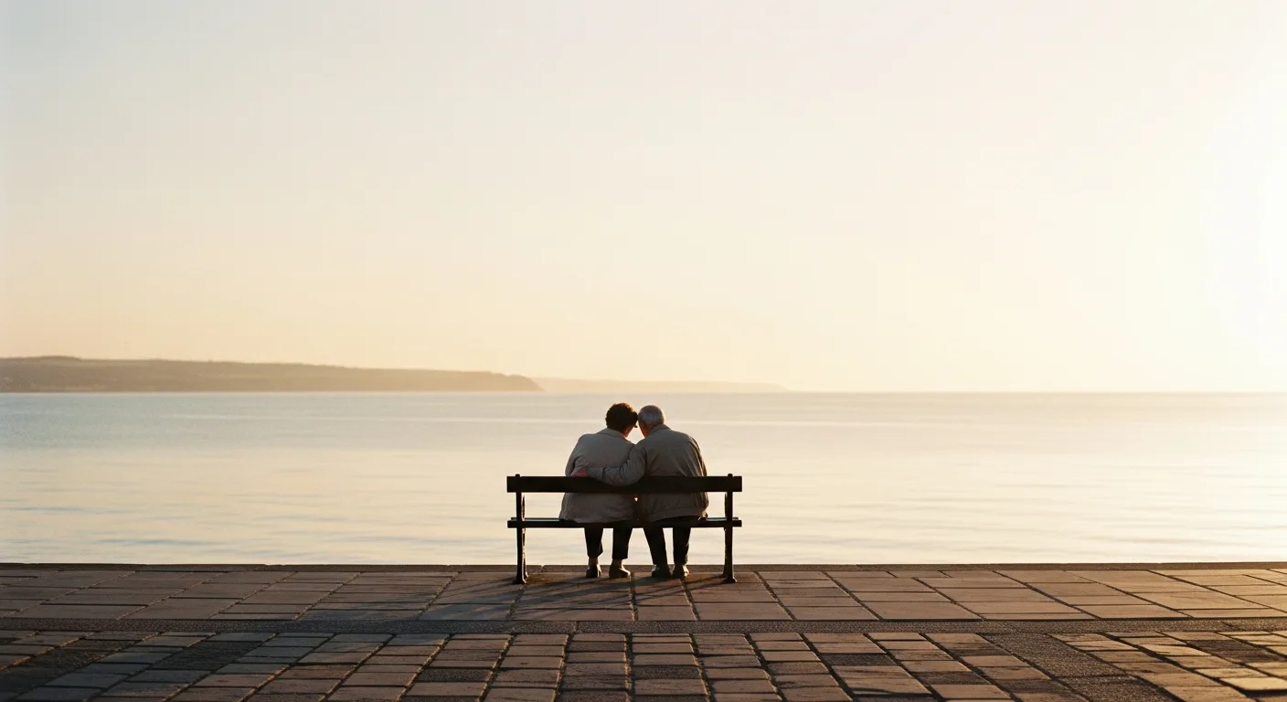 An older couple on a promenade bench looking out to sea
