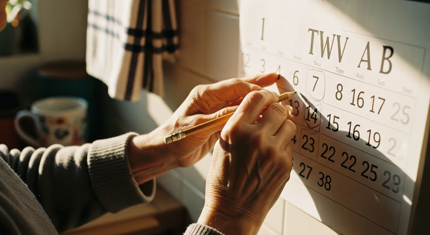 An older person circling a date on a wall calendar with a pencil