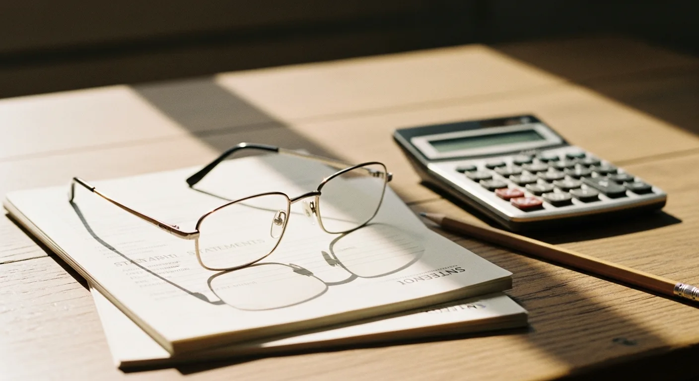 Reading glasses on paper statements beside a calculator