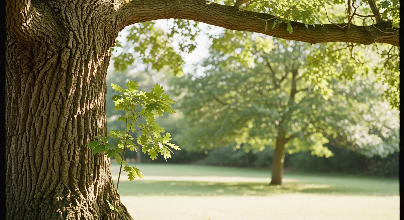 A young sapling growing beside a mature oak tree