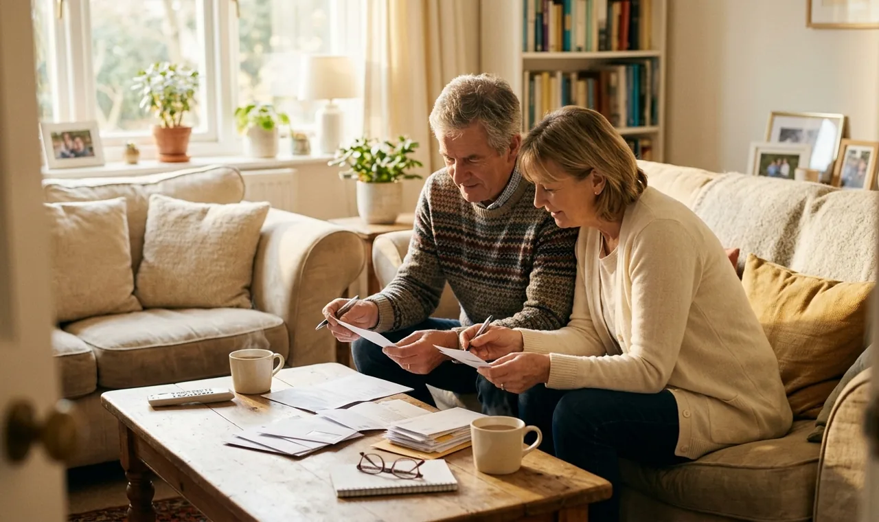 An older couple reviewing letters and paperwork at home